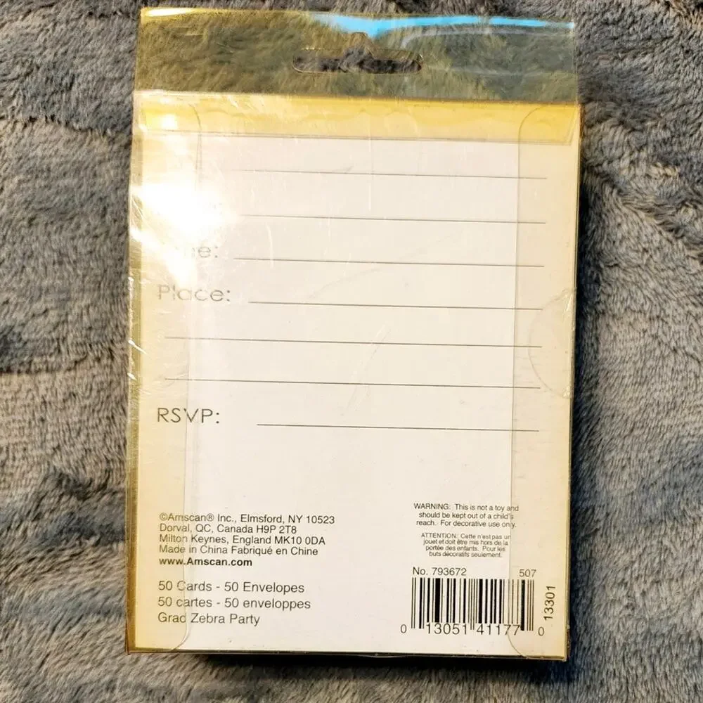 Amscan Grad Zebra Party Invitations – 50 Cards + 50 Envelopes – NIB Sealed